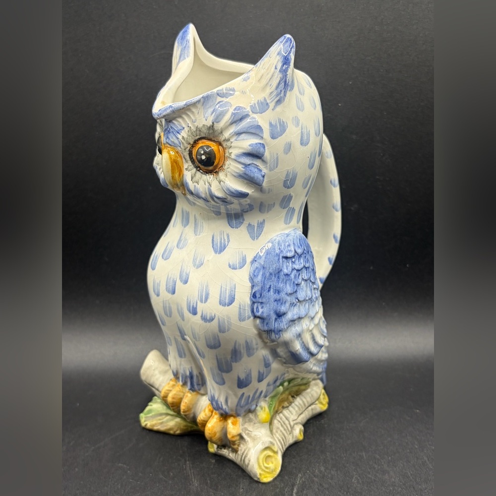 Vintage Hand Painted Ceramic Owl Pitcher Cottagecore Jug Pourer Vessel, Italy